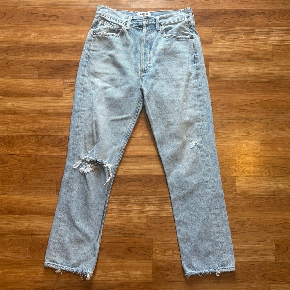 Agolde Riley High Rise Crop Jeans Womens 26 Light Wash Knee Rip - Picture 2 of 12